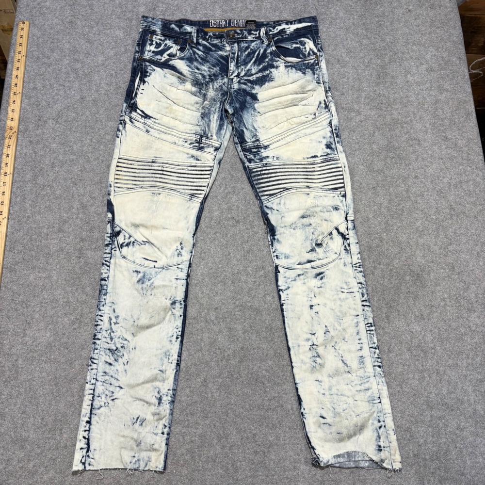 Eighth Dstrkt Mens Acid Wash Moto Biker Jeans Blue White 36x32 Streetwear
